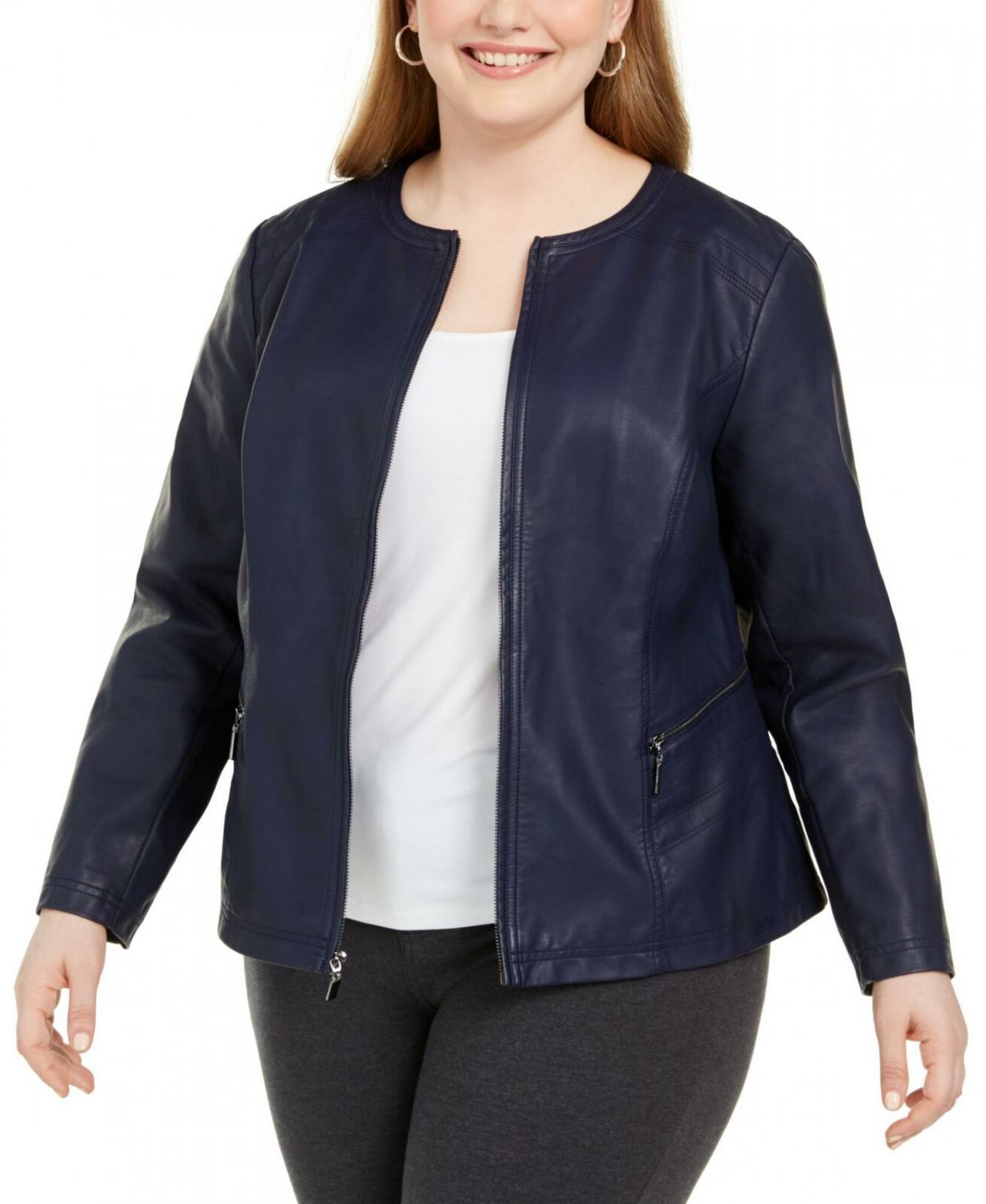 Alfani Womens Plus Size Faux Leather Zipper Jacket Navy 1X