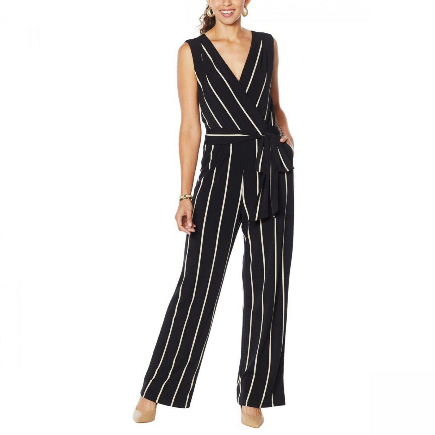 Colleen Lopez Women's Faux Wrap Tie Waist Jumpsuit Small Black Stripe