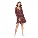 Xhilaration Women's Striped V-Neck Long Sleeve Wrap Mini Dress Small Burgundy