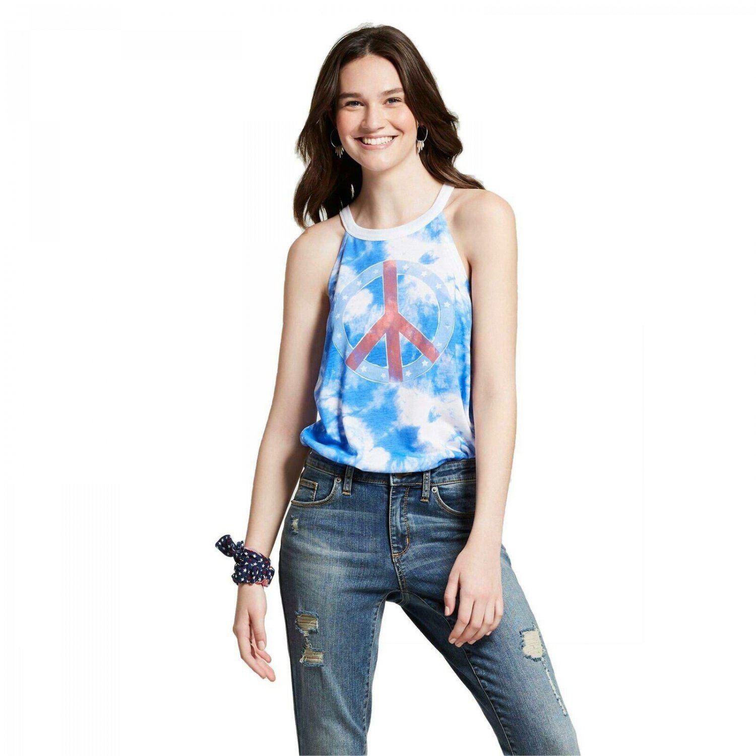 Modern Lux Women's Tie-Dye PEACE SIGN Graphic Tank Top Large Red/ White/ Blue Peace