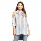 Knox Rose Women's 3/4 Sleeve Thermal Back Cold Shoulder Button Down Top  Blue / Cream Stripe Small