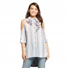 Knox Rose Women's 3/4 Sleeve Thermal Back Cold Shoulder Button Down Top  Blue / Cream Stripe X-Small