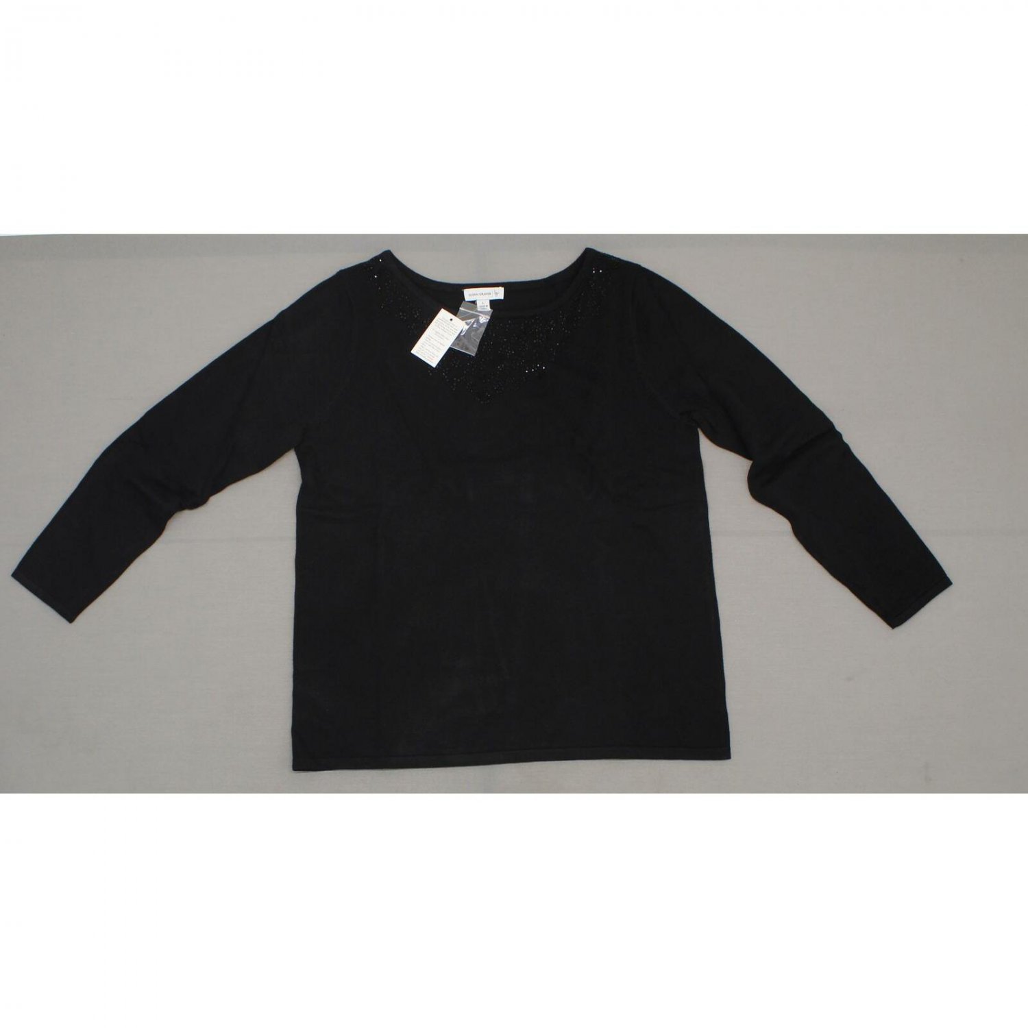 Susan Graver Women's Bateau Neck Long Sleeve Embellished Sweater Black Plus 1X