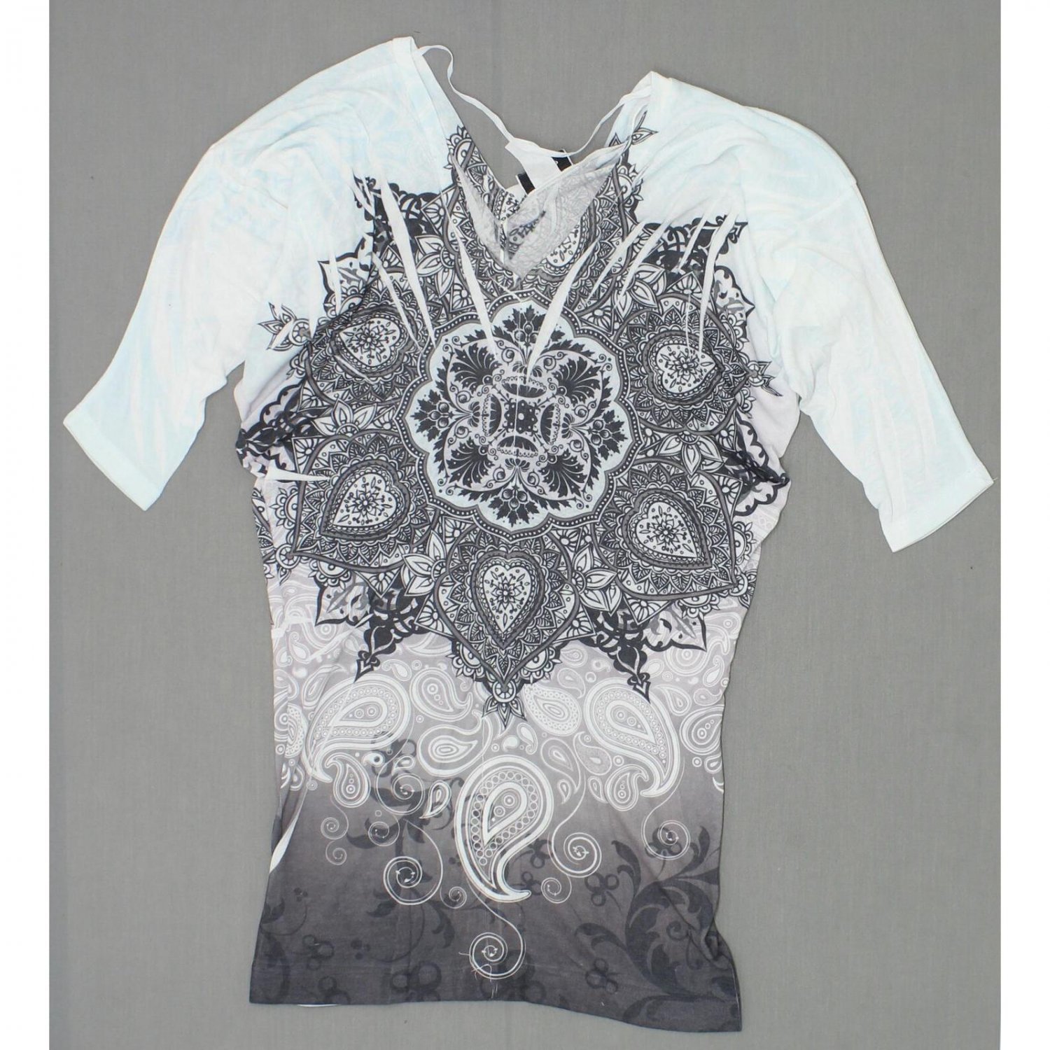 Chelsey Women's Paisley Dolman Double Vee Tunic Top Aqua Black Medium
