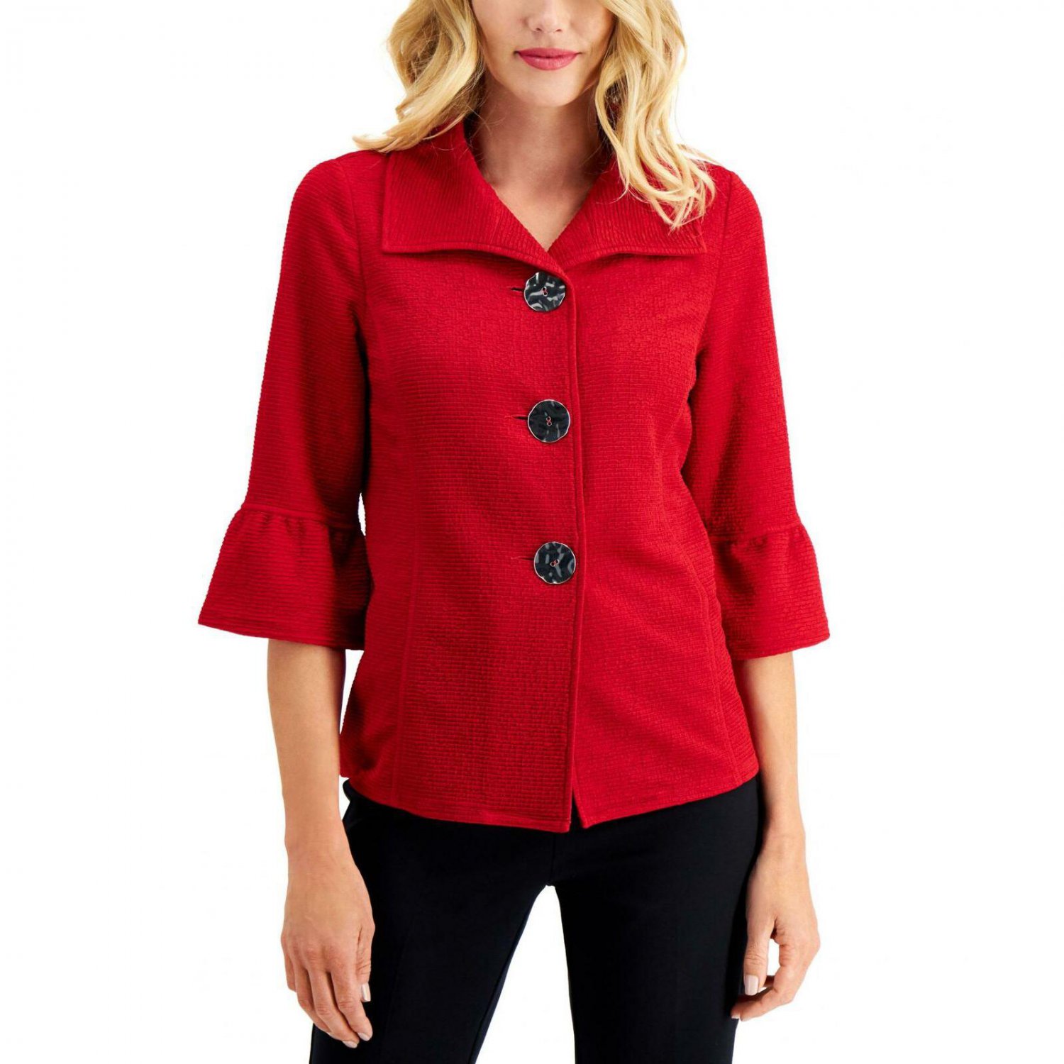 JM Collection Petite Textured Bell Sleeve Jacket PP New Red Amore