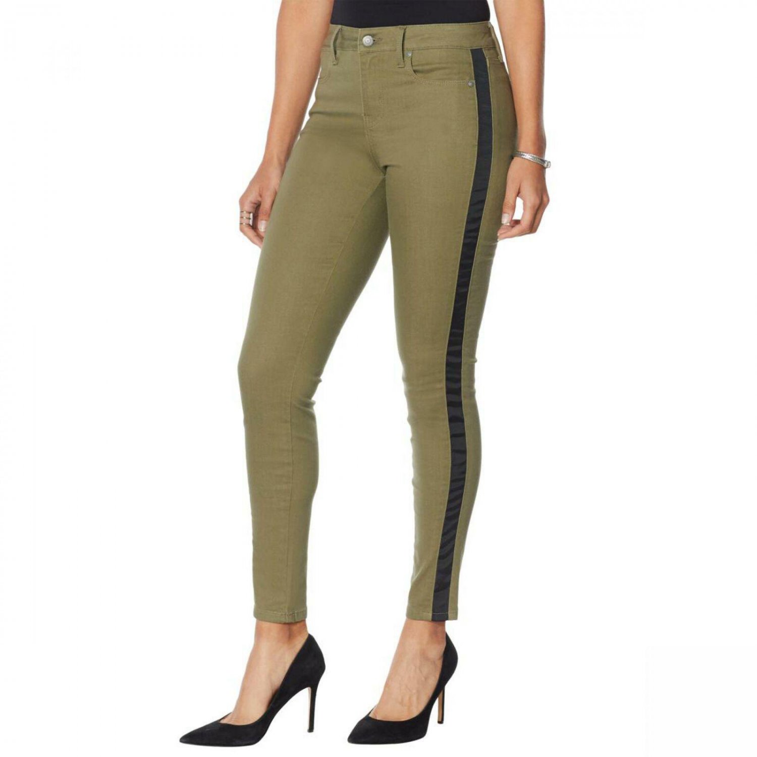 Colleen Lopez Women's Side Stripe Skinny Jeans 10 Olive Green