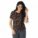 Cuddl Duds Women's Flexwear V-Neck T-Shirt With Side Tie Small Black Ditsy Floral