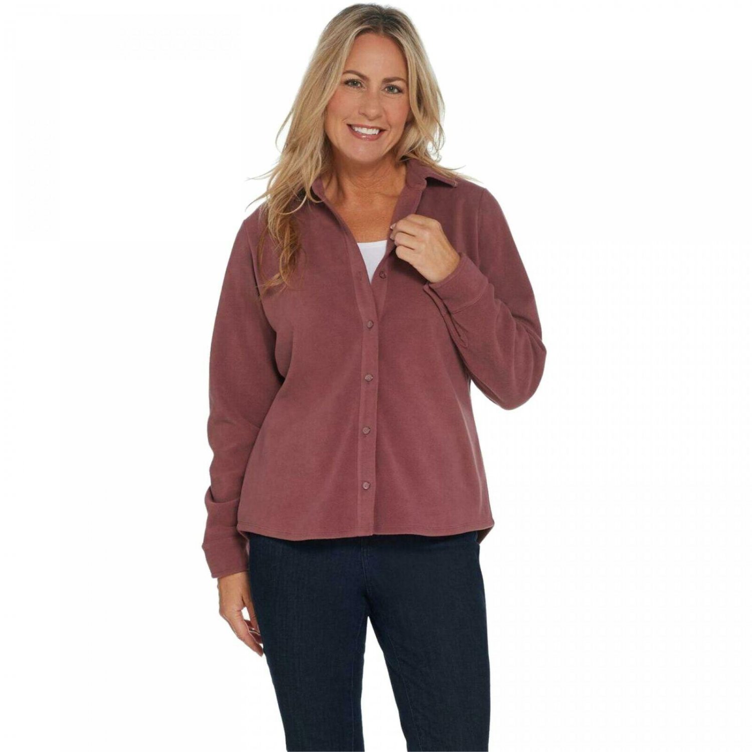 Denim & Co. Plus Size Long-Sleeve Button Front Fleece Shirt Plus 1X Rose Brown