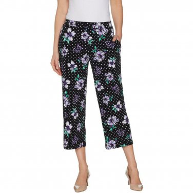 Susan Graver Women's Floral Liquid Knit Pull On Cropped Pants XX-Small  Black / Lilac Purple