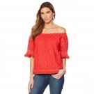 Curations Women's Lined Flutter Sleeve Eyelet Top Small Coral Red