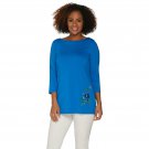 Joan Rivers Classics Collection Women's 3/4 Sleeve Knit Top with Embroidered Flowers XX-Small Blue