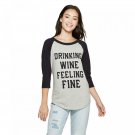 FREEZE Women's 3/4 Sleeve DRINKING WINE FEELING FINE Raglan Graphic T-Shirt X-Small Heather Gray / B