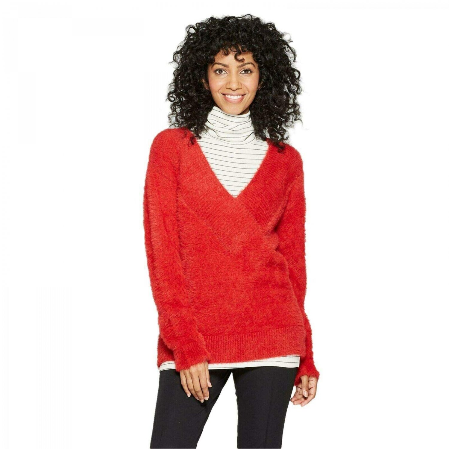 A New Day Women's V-Neck Eyelash Pullover Sweater X-Small Red