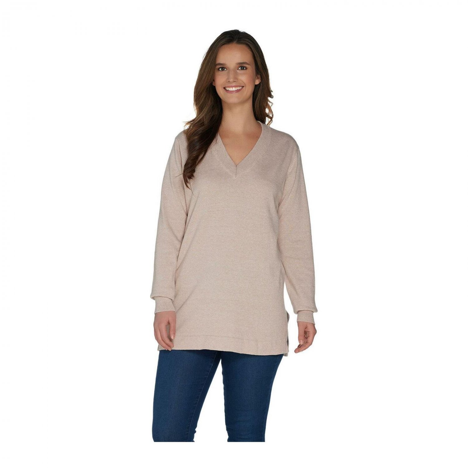 Martha Stewart Women's Long Sleeve V-Neck Sweater with Side Slits. A307714 XX-Small Heather Oatmeal