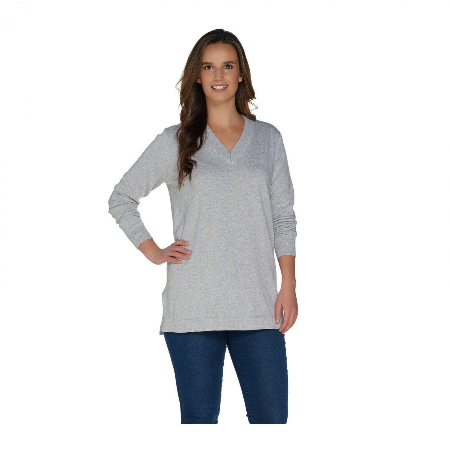 Martha Stewart Women's Long Sleeve V-Neck Sweater with Side Slits. A307714 XX-Small Lt Heather Grey