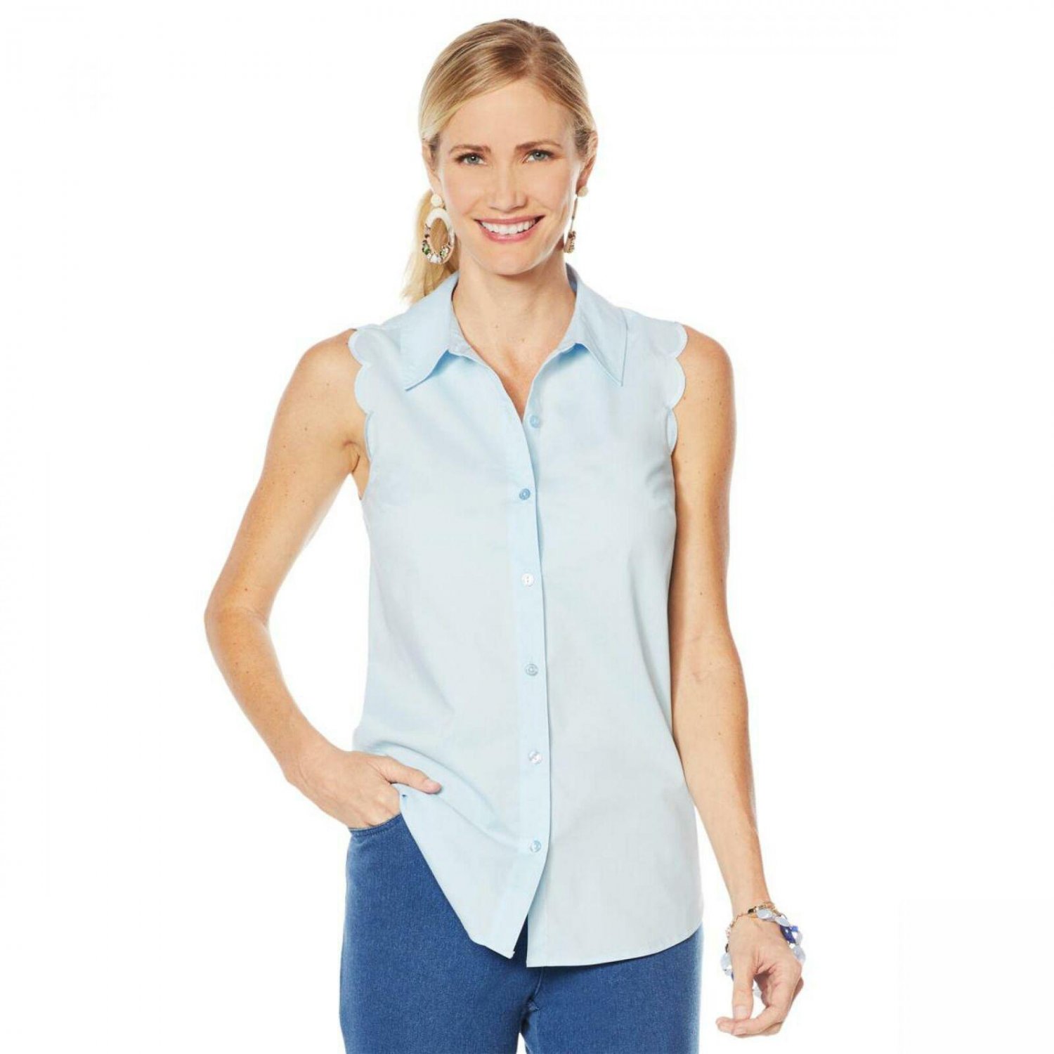 Lemon Way Women's 365 Poplin Scalloped Stretch Button Down Shirt 16 Light Blue