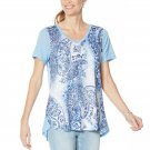 DG2 by Diane Gilman Women's Burnout Printed And Embellished Knit Top Medium Chambray Paisley