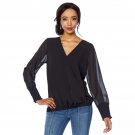 DG2 by Diane Gilman Women's Drape V-Neck Top With Sheer Sleeves X-Small Black