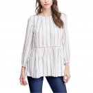 Fever Women's Crochet Inset 3/4 Sleeve Peasant Top Small Ivory / Tan Stripe