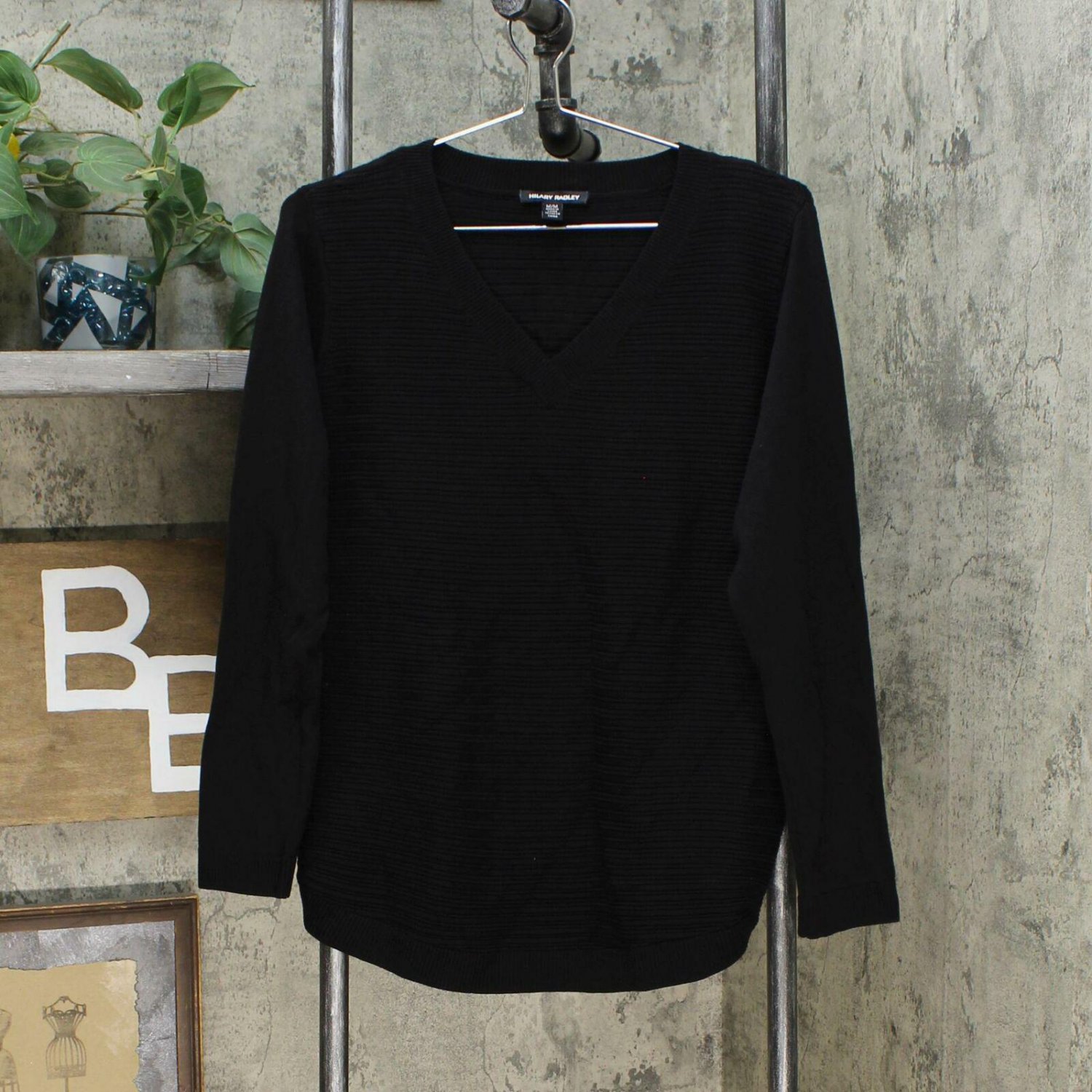 Hilary Radley Women's Textured V Neck Pullover Sweater Black Medium