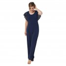 H by Halston Women's Jet Set Jersey Wide Leg Jumpsuit with Lace Sleeves Medium Navy Blue