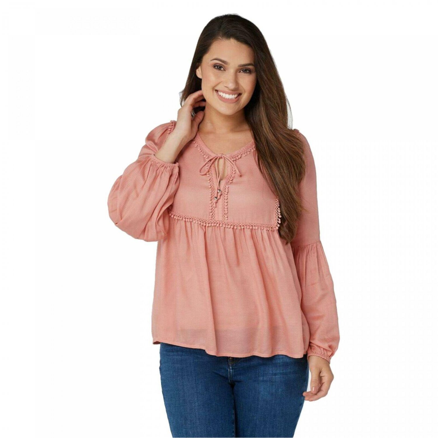 Haute Hippie Tribe Women's Avery Peasant Blouse with Tie Neck Detail Medium Rosette Pink