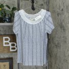 Style & Co Women's Crochet Trim Flutter Sleeve Knit Top Large White / Blue / Black Lines