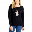 Karen Scott Embellished Graphic Print Long Sleeve Christmas Top Large Black Snowman