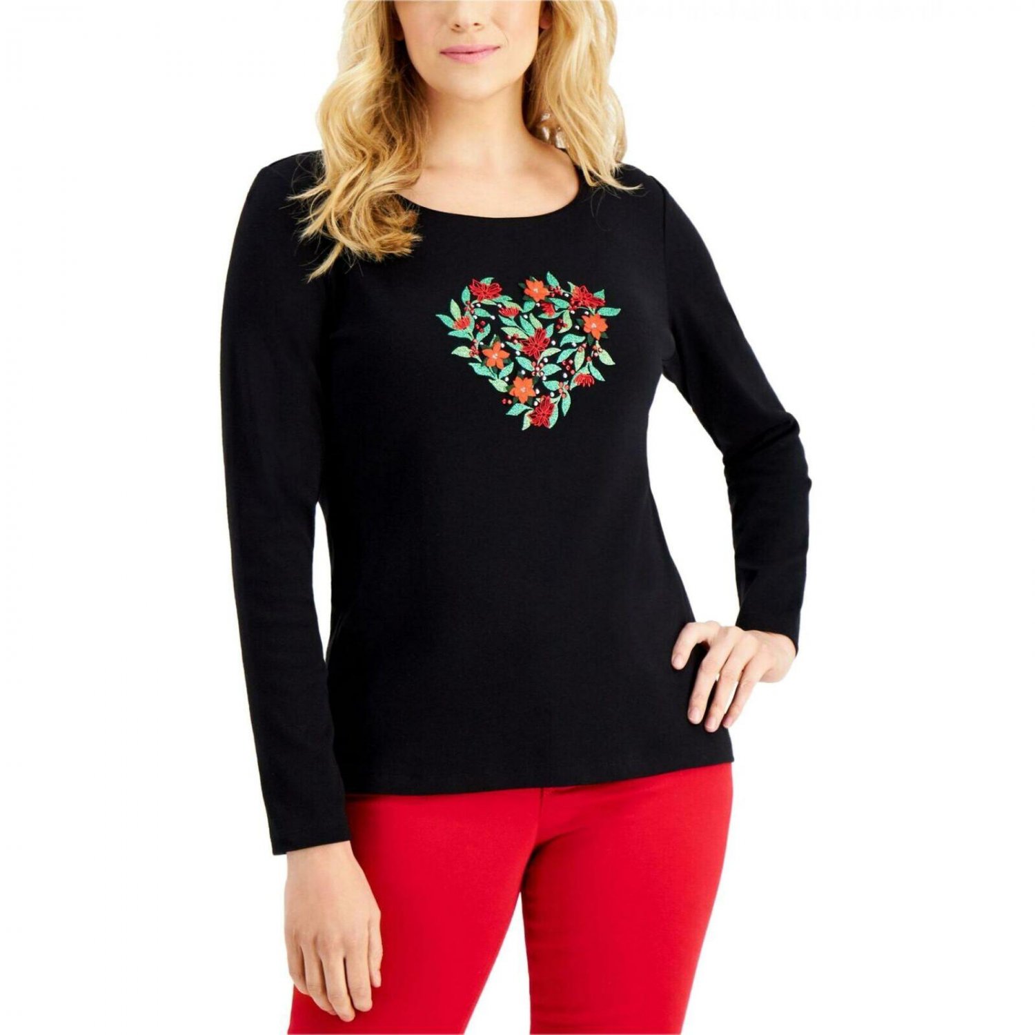 Karen Scott Embellished Graphic Print Long Sleeve Christmas Top Large Black Poinsettia Heart