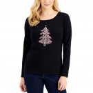 Karen Scott Embellished Graphic Print Long Sleeve Christmas Top Large Black Christmas Tree