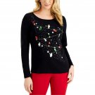 Karen Scott Embellished Graphic Print Long Sleeve Christmas Top Small Black Christmas Lights