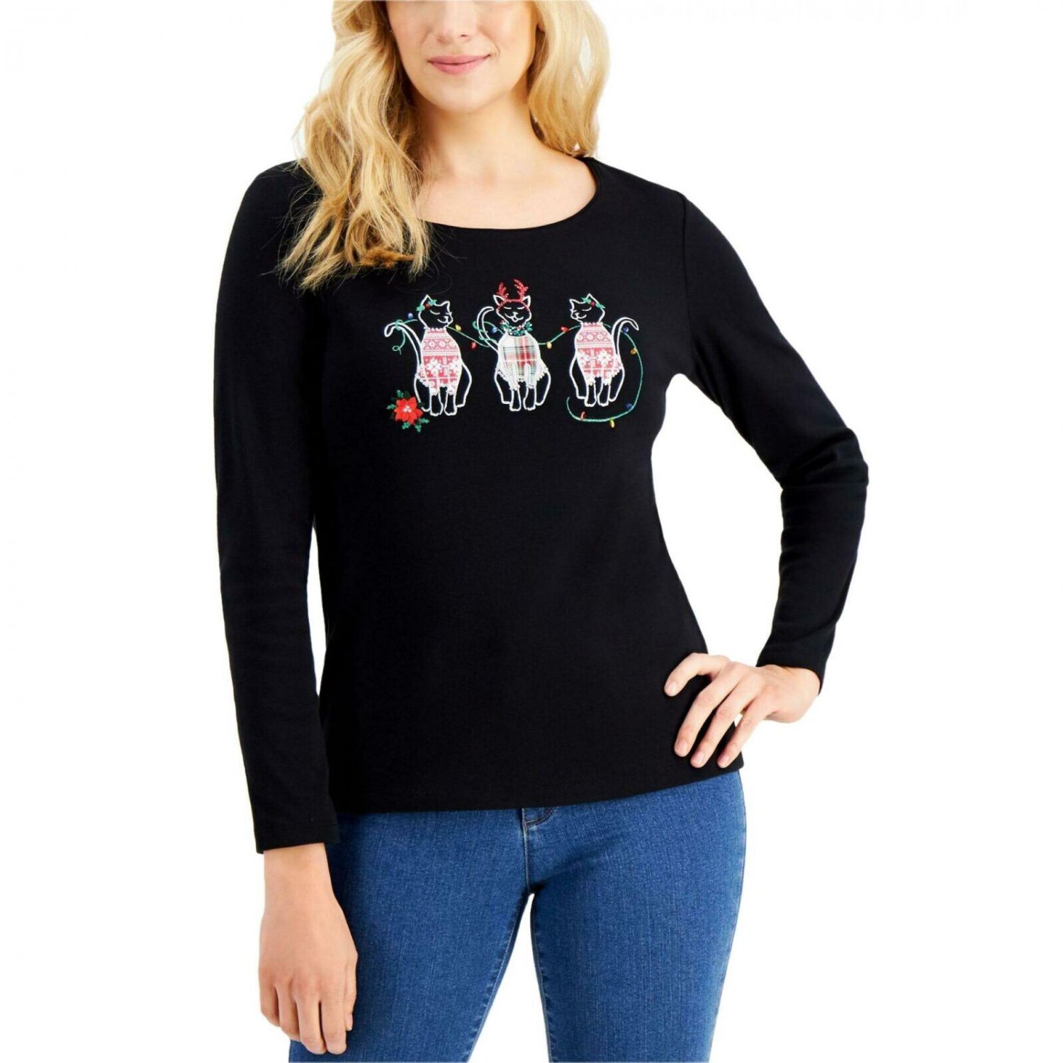 Karen Scott Embellished Graphic Print Long Sleeve Christmas Top Small Black Christmas Cats