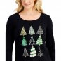 Karen Scott Embellished Graphic Print Long Sleeve Christmas Top Medium Black Christmas Trees