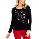 Karen Scott Embellished Graphic Print Long Sleeve Christmas Top Small Black Hot Cocoa and Snowflakes