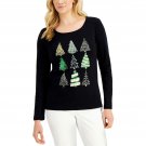 Karen Scott Embellished Graphic Print Long Sleeve Christmas Top Small Black Christmas Trees