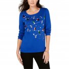 Karen Scott Embellished Graphic Print Long Sleeve Christmas Top Large Bright Blue Christmas Light