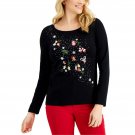 Karen Scott Embellished Graphic Print Long Sleeve Christmas Top Large Black Hot Cocoa and Snowflakes