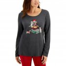 Karen Scott Embellished Graphic Print Long Sleeve Christmas Top Large Charcoal Gray Cats and Dogs