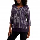JM Collection Women's Metallic Foil O-Ring Keyhole Tunic Top Medium Plum Purple / Silver