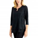 JM Collection Women's Metallic Foil O-Ring Keyhole Tunic Top X-Small Black / Rinse Blue Foil