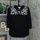 Style & Co Women's Embroidered Roll Tab Split Neck Knit Top X-Small Deep Black Floral