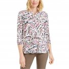 JM Collection Women's 3/4-Sleeve Printed Pleat Back Blouse Large White / Pink Dahlia / Navy Blue