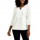 JM Collection Women's Metallic Embroidered Knit Top With Hardware Medium Eggshell White / Gold / Sil