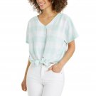 Style & Co Women's Gingham Tie Waist Button Front Woven Top X-Large Mint Green Gingham