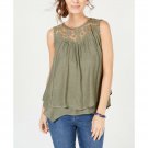 Style & Co Women's Lace Trim Swing Top X-Small Olive Sprig Green