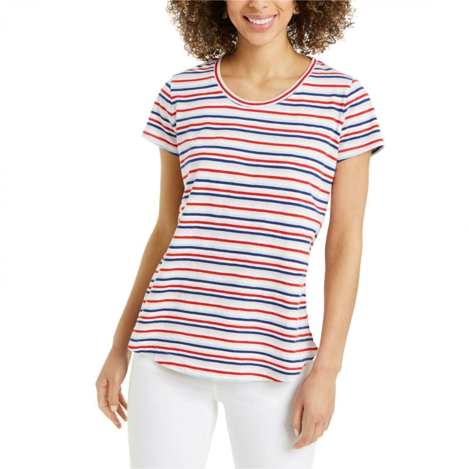 Style & Co Women's Scoop Neck Patterned T-Shirt X-Small Banner Stripe Red