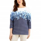 Karen Scott Petite 3/4 Sleeve Floral Print Striped Knit Top PP Blue Floral / Intrepid Blue / White S