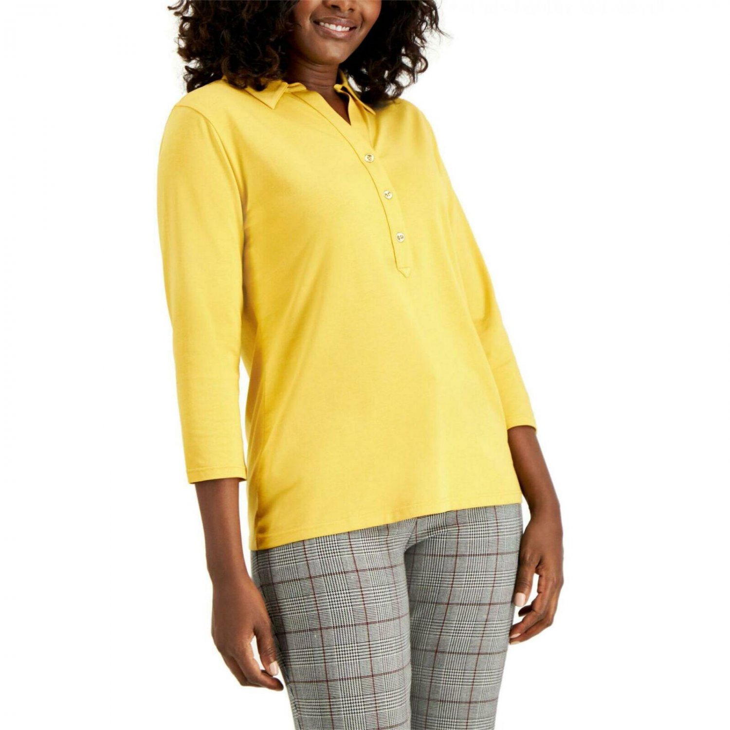 Charter Club Women's Supima Cotton 3/4-Sleeve Jersey Knit Polo Shirt Small Honey Glaze Gold