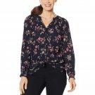 Democracy Women's Floral Smocked Neck Tie Front Top X-Small Navy Blue Floral