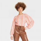 A New Day Multi Striped Balloon Long Sleeve Button-Down Femme Top Small Coral Pink Stripe